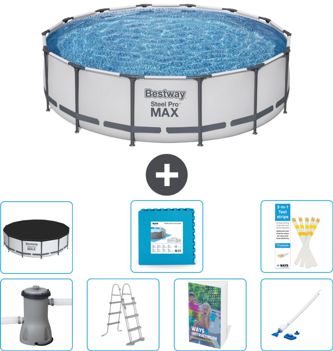 Bestway Rond Steel Pro MAX Zwembad - 427 x 107 cm - Grijs - Inclusief Pomp - Ladder - Afdekzeil - Vloertegels - Stofzuiger - 8-delig