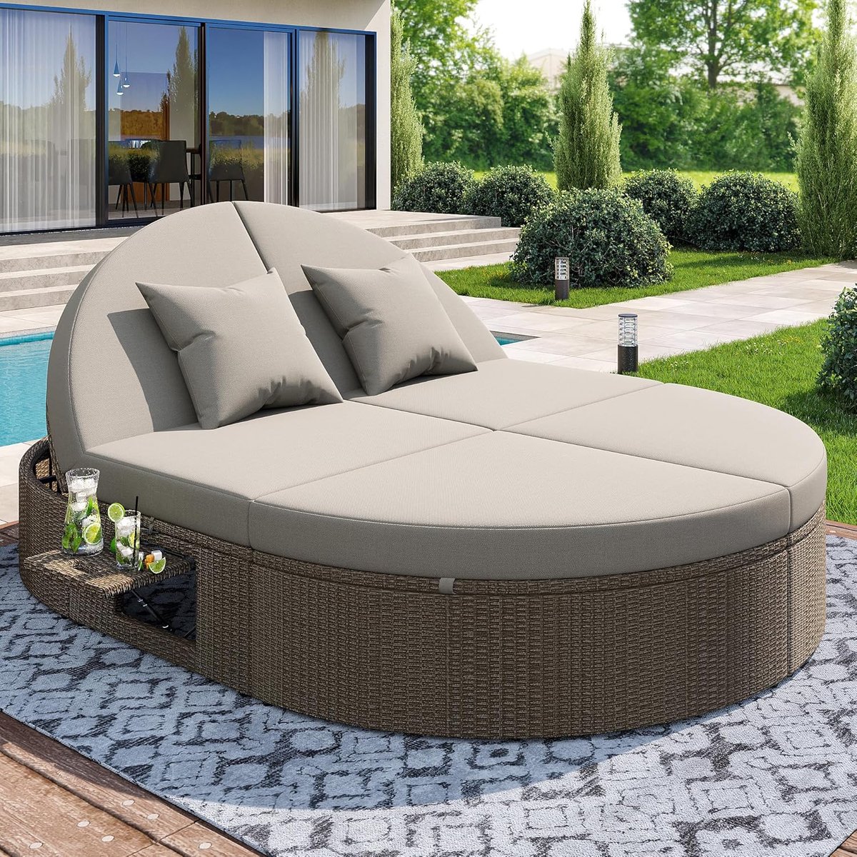 Luxe Dubbel Rattan Zonne-eiland Tuinbed 200x140 cm Weerbestendig met Verstelbare Rugleuning en 8 cm Kussens