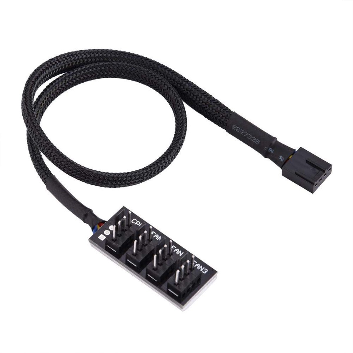 Ventilator Hub - Fan Splitter Kabel - Computer Koeling - Vier Poorten - 38cm Lengte - Zwart