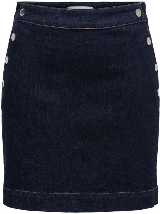 Donkerblauwe denim mini-rok met decoratieve knopen aan de zijkanten en omgeslagen zoom.
