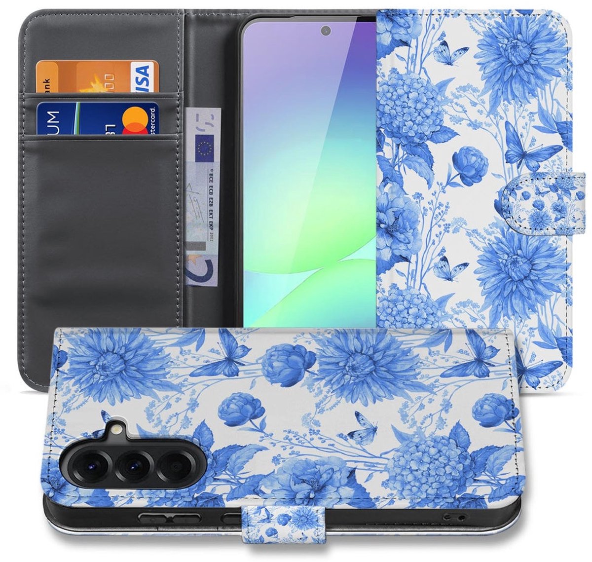 Book Case Samsung Galaxy A37 Blauw Bloemen met Pasjeshouder