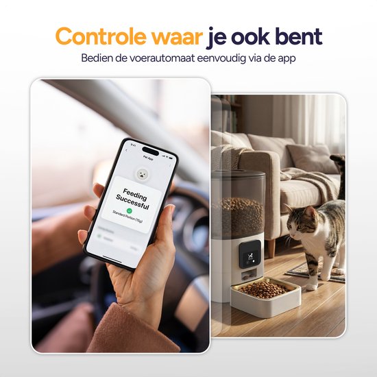 Automatische voerbak 6L bediend via app 'Pet App', melding 'Feeding Successful'.
