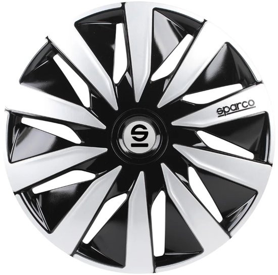 Zwart met zilverkleurige spaakvelg van Sparco, met logo in het midden.