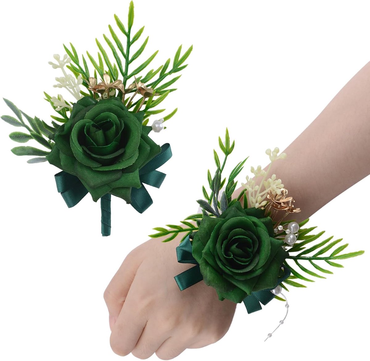 Bruiloft Corsage Set - Polshanger Boutonniere - Feestelijke Decoratie - Zonder Onderhoud - 15 x 10 x 4 cm - Donkergroen