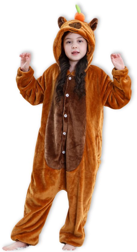 BoefieBoef Dieren Onesie Capibara Verkleedkleding Kinderen 5-9 jaar – Comfortabele Kostuum Pyjama – Maat 120 tot 140 – Dierenpak voor Jongens en Meisjes – Feest, Carnaval Verkleedkleding - Kerst, Dierenpak - of Verjaardag Cadeau - Bruin L