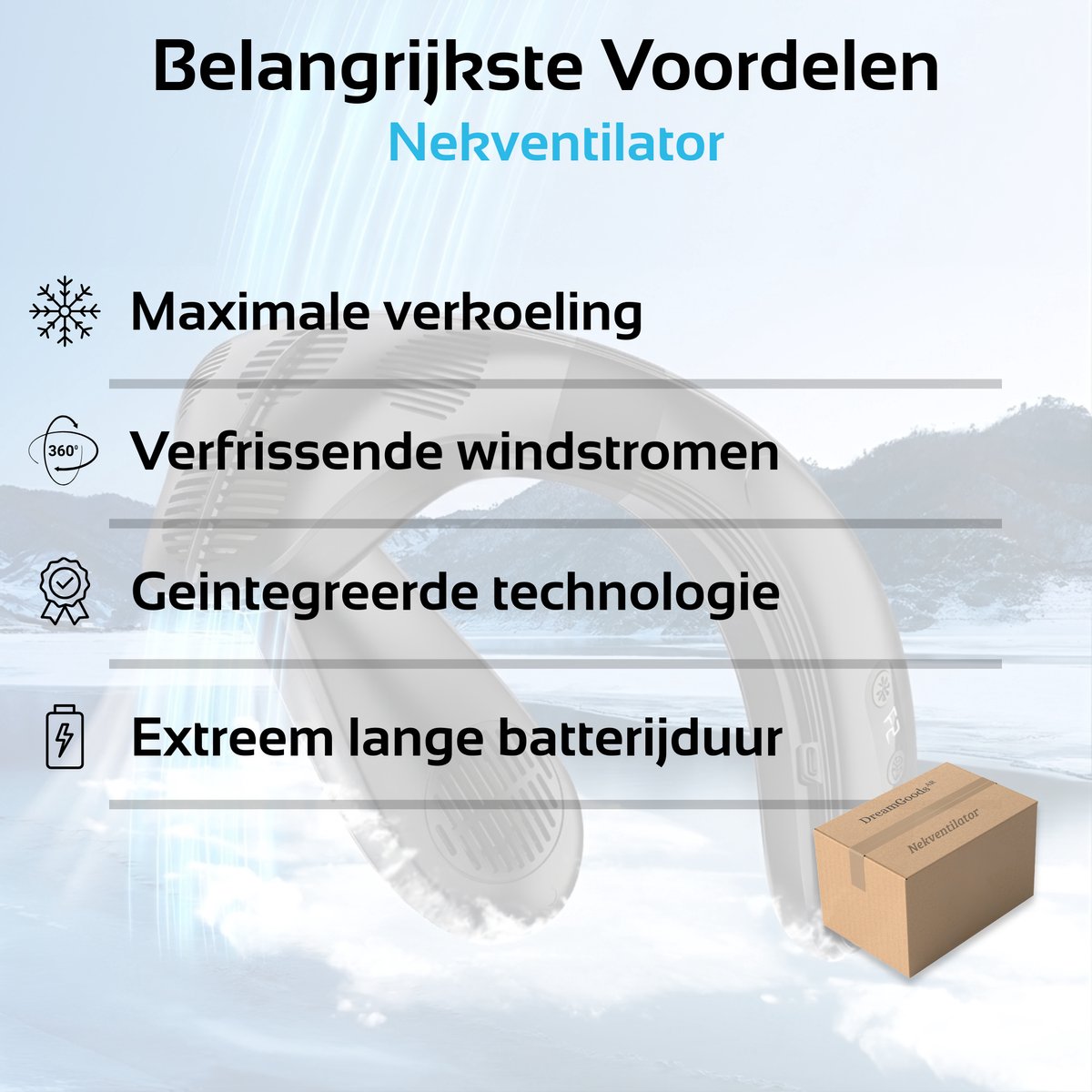 DreamGoods Nek Ventilator met Koeling & Temperatuurregeling - 2026 Pro - NTC-Chip - 6000mAh - Draadloos & Oplaadbaar - Draagbare Mini Ventilator - Nek Fan - Gezichtsventilator - Handventilator - Hals Ventilator - Nekventilator — afbeelding 2