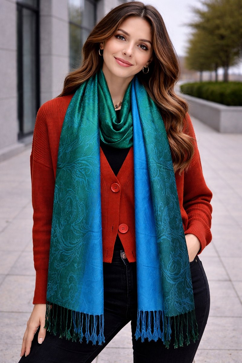 Pashmina Sjaal Dames – Luxe Paisley Sjaal – Zachte Warme Omslagdoek – Elegante Dames Sjaal met Franjes – Fijn geweven trendy Sjaal- Tweezijdige omslagdoek – Verkrijgbaar in Verschillende Kleuren 212/8- Groen met Turquoise details