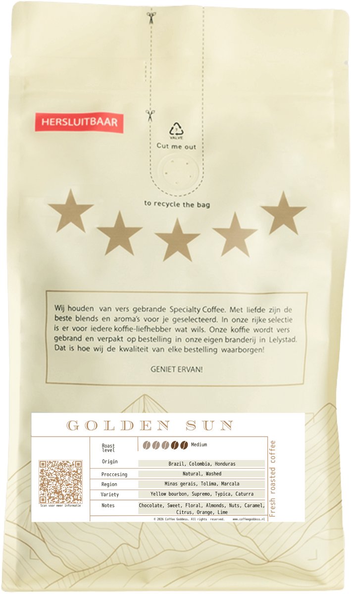 Coffee Goddess Golden Sun Koffiebonen – 100% Arabica Blend, Medium Roast, 1 kg – Melkchocolade & Karamel – Filter & Espresso