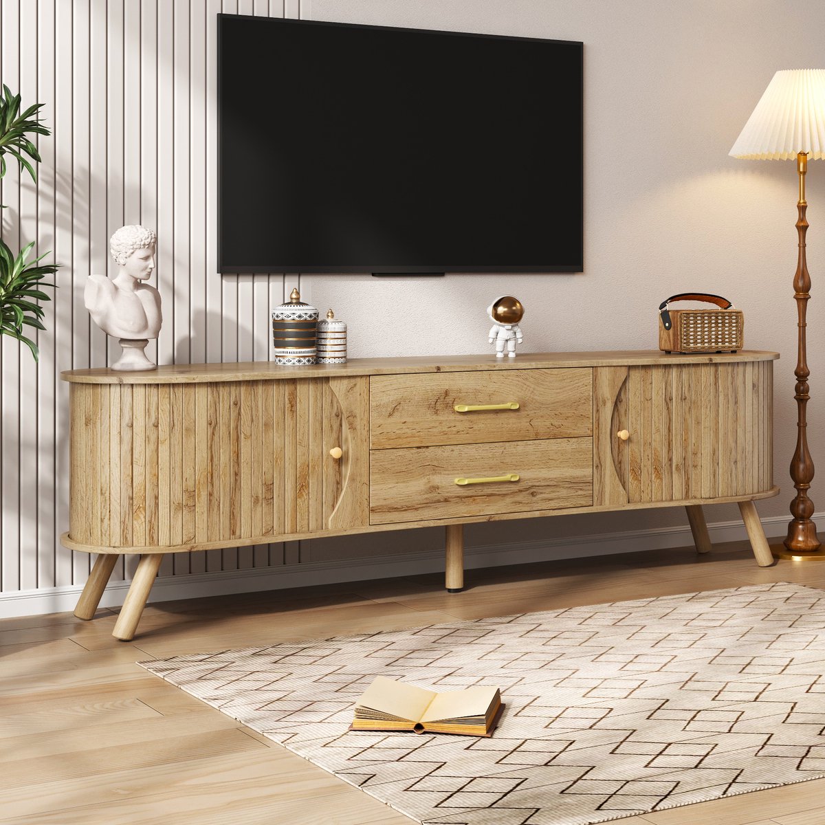 STILVORA Tv Meubel - Organische Vorm Met Schuifdeuren En Laden - Voor Woonkamer En Hal - MDF - 160x36,5x55 cm - Naturel