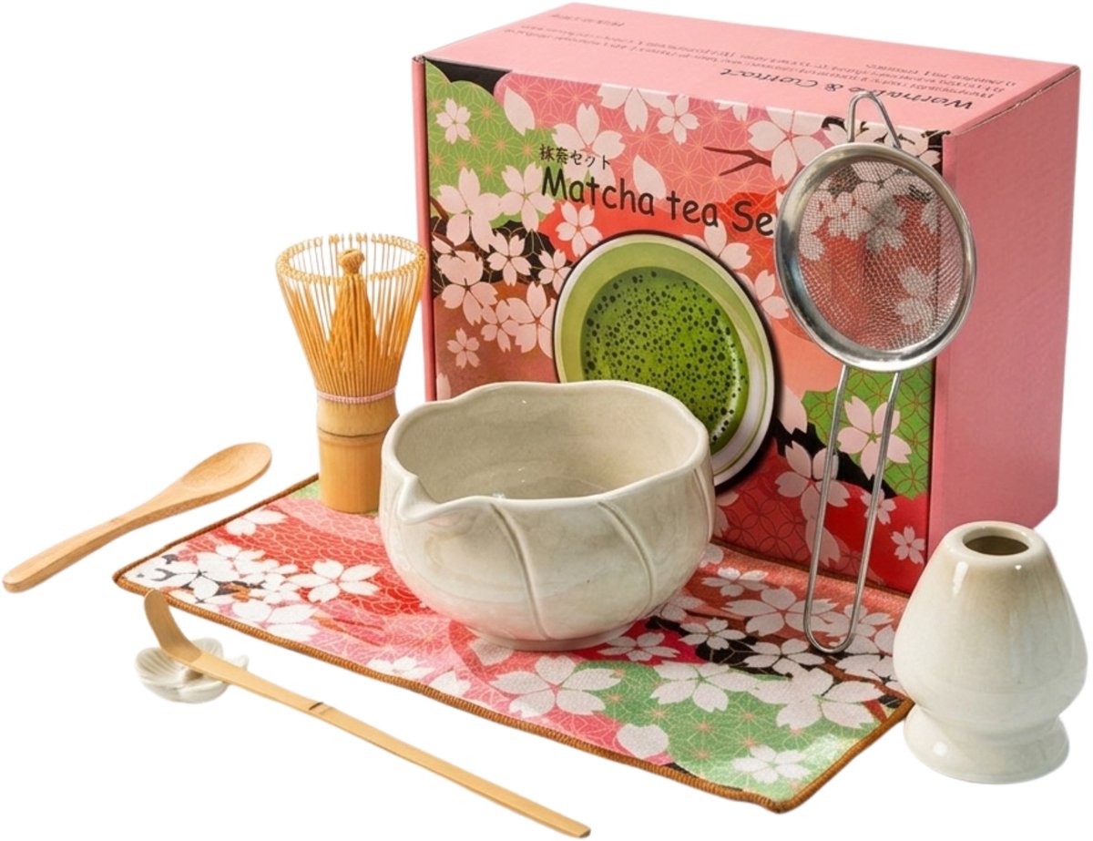 COZELLA® Matcha Set 8-Delig – Matcha Klopper - Keramieke Kom - Cadeau Set - Wit/Creme