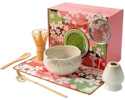 COZELLA® Matcha Set 8-Delig – Matcha Klopper – Cadeauset Cadeaupakket Vrouw – Keramieke Kom – Wit/Creme