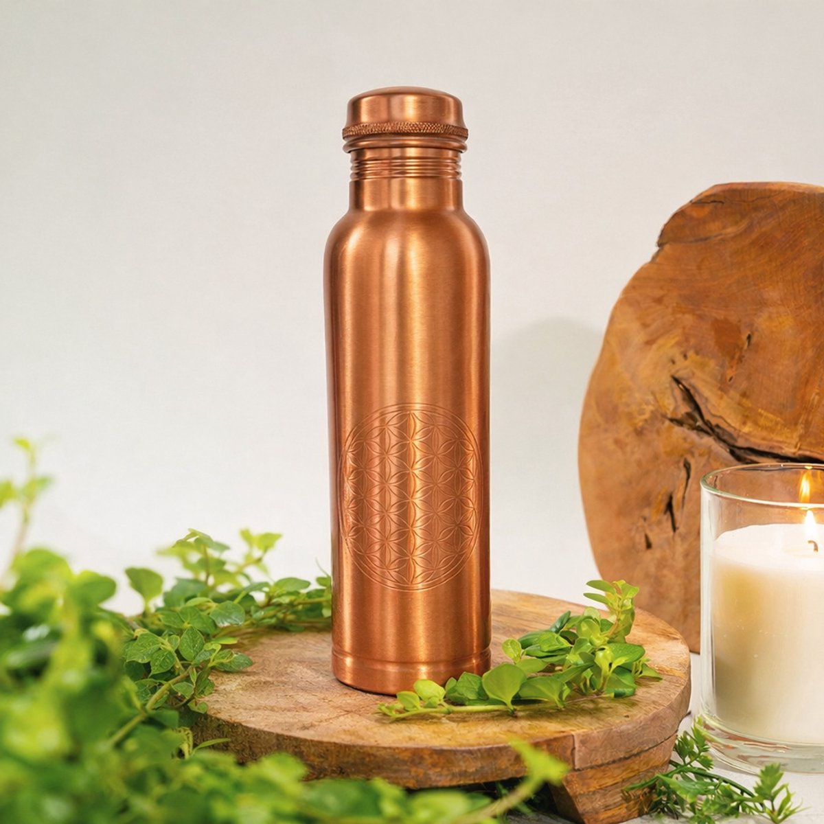 Puur koperen fles flower of life zijde finish zonder handgreep 950 ml