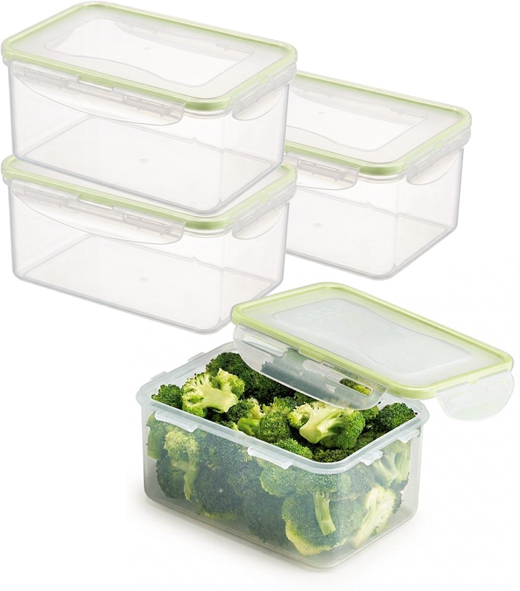 Lock&Lock Diepvriesbakjes - Meal prep bakjes - Vershoudbakjes - 1,1 liter - Set 4 stuks - 100% Lekvrij - BPA vrij - PFAS vrij - Magnetron bakjes met deksel - Diepvriesdozen - Bewaarbakjes - Vershouddoos - Transparant met groene ring