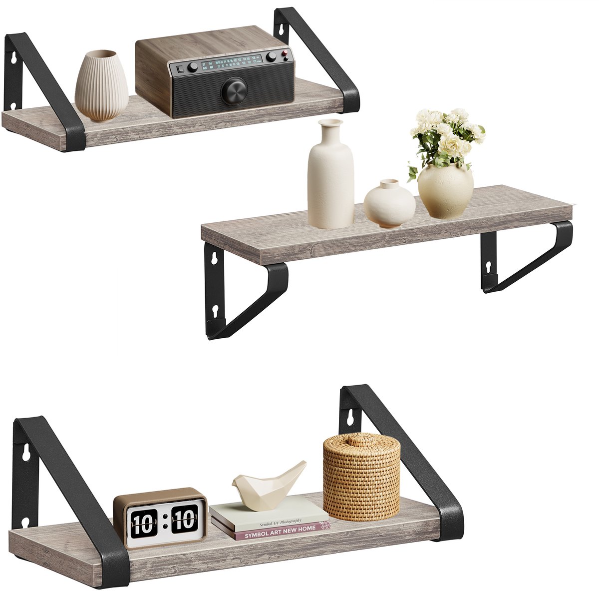 Vasagle Wandplank - Set van 3 - Zwevend Rek - 2 Montageopties - Voor Woonkamer Keuken Badkamer Greige-Matzwart