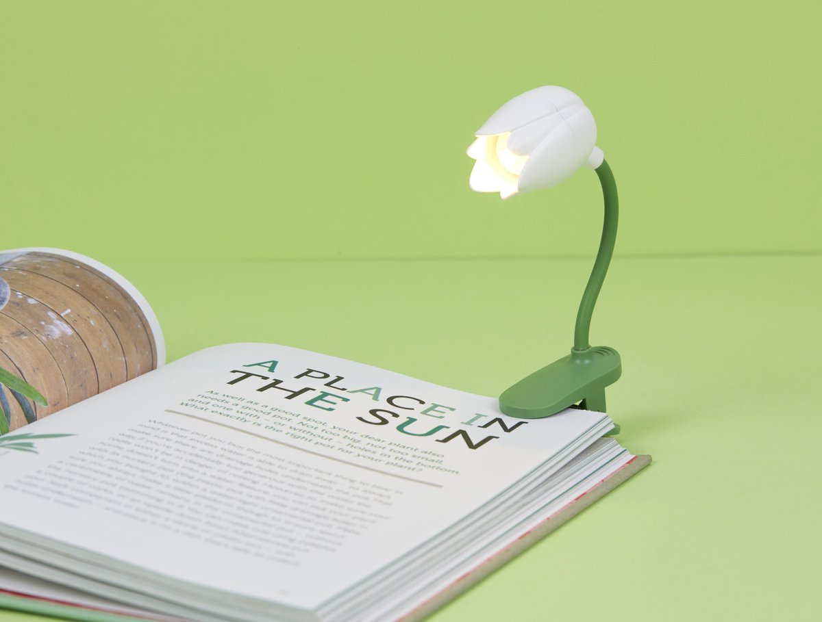 Balvi Boekenlampje Tulp – Wit – Clip-on Leeslamp – Flexibele Arm – Inclusief Batterijen – Kunststof – 11 cm