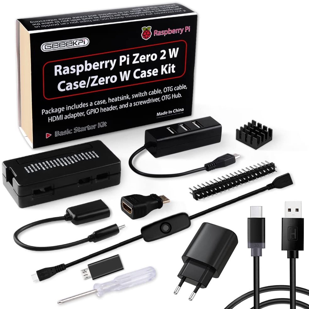 aladdien - Raspberry Pi Zero 2W Starter Kit - Starter kit voor elektronica - Compact en snel - Zwart - Raspberry Pi accessoires - Ideaal voor hobbyi..