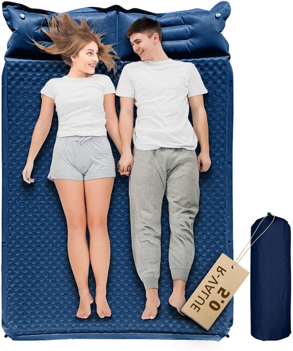Dubbel Slaapkussen - Campingmatras Luchtbed - Kamperen en Wandelen - Zelfopblazend met Traagschuim - Volledig formaat 2 persoons - Blauw