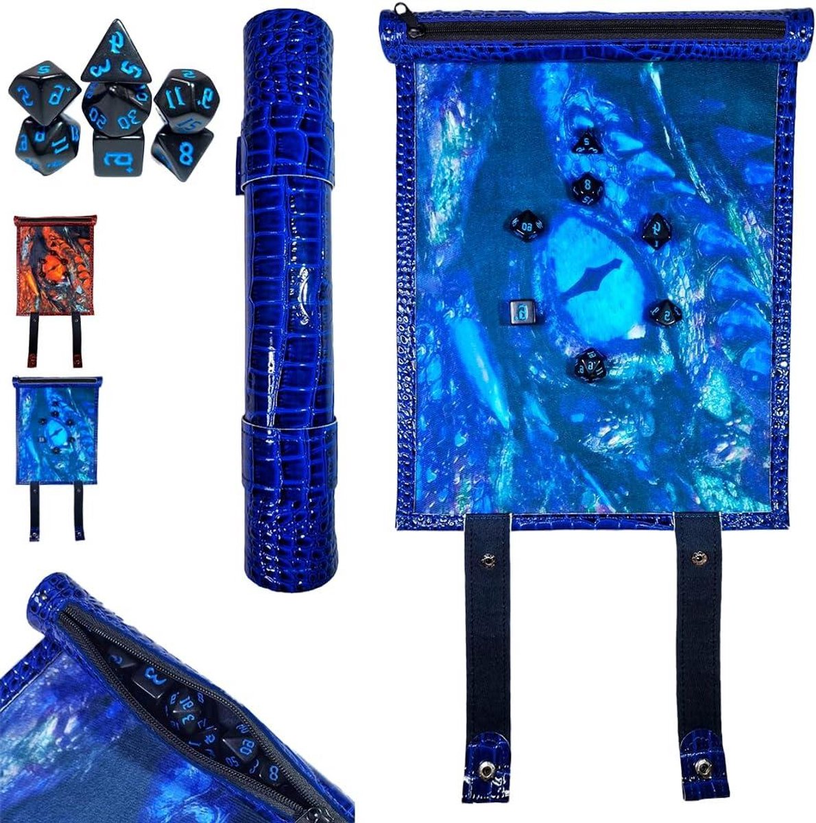 Dobbelsteenmat met Opslag - Dobbelsteen Rolbak - Rollenspellen Spelen - Met Draak Ontwerp - 30 x 25 cm - Blauw