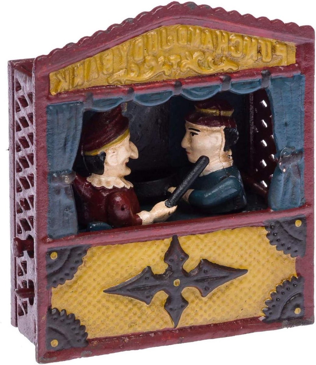 Nostalgie Spaarpot - Poppentheater Spaarpot - Munt Sparen - Mechanisch Poppenspel - 16 x 19 x 9 cm - Antiek