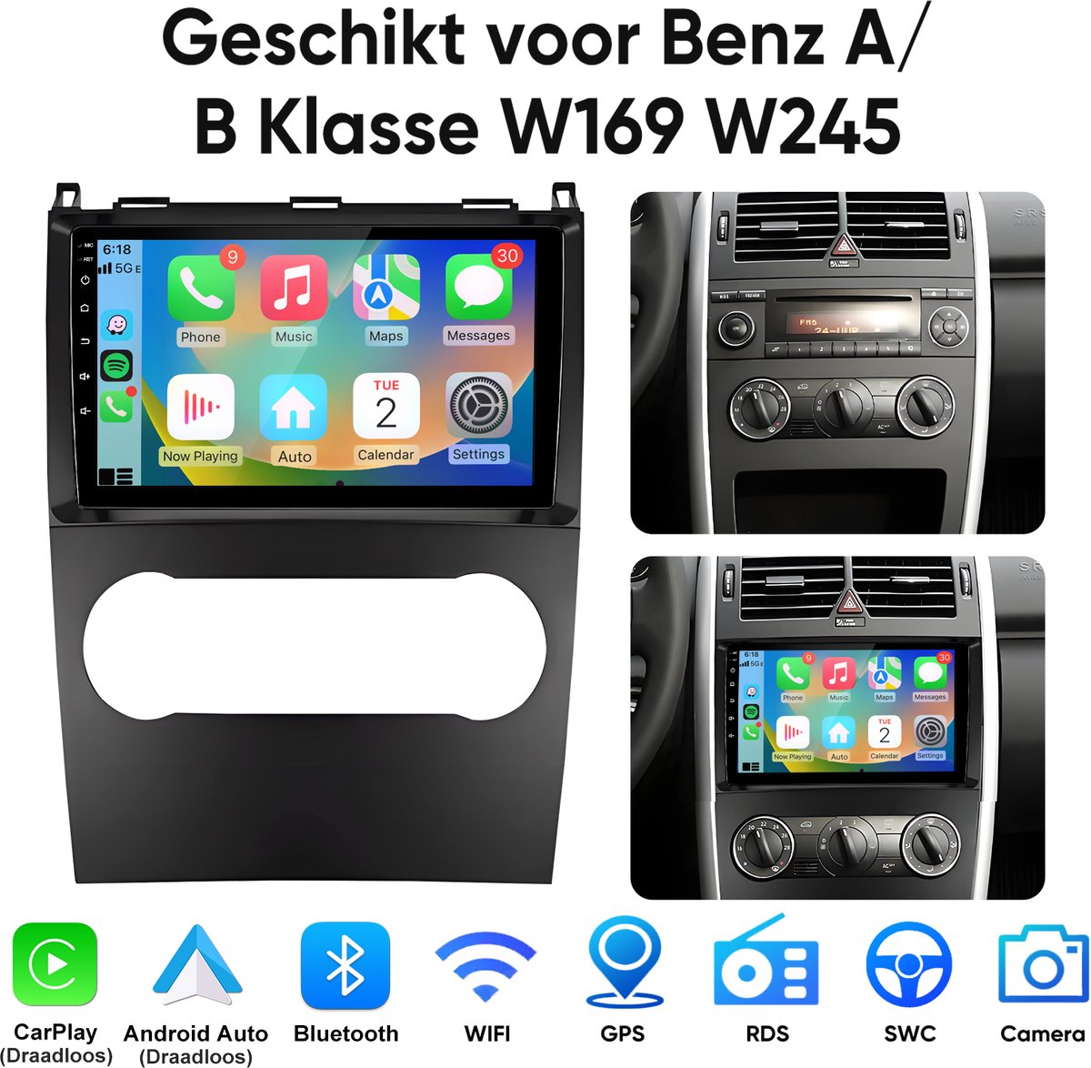 Junsun autoradio Geschikt voor Mercedes-Benz A/B-klasse W169 W245, Android 15 Draadloze CarPlay & Andriod Auto, DAB+, GPS-navigatiesysteem, Bluetooth, Stuurwielbediening, WiFi, 9-inch Touchscreen, 4GB+64GB, DSP, Octa-core processor