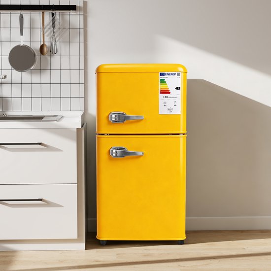 Compacte dubbele koelkast met vriesvak 86L (56L koel, 30L vries), 7 temperatuurinstellingen, LED, geel