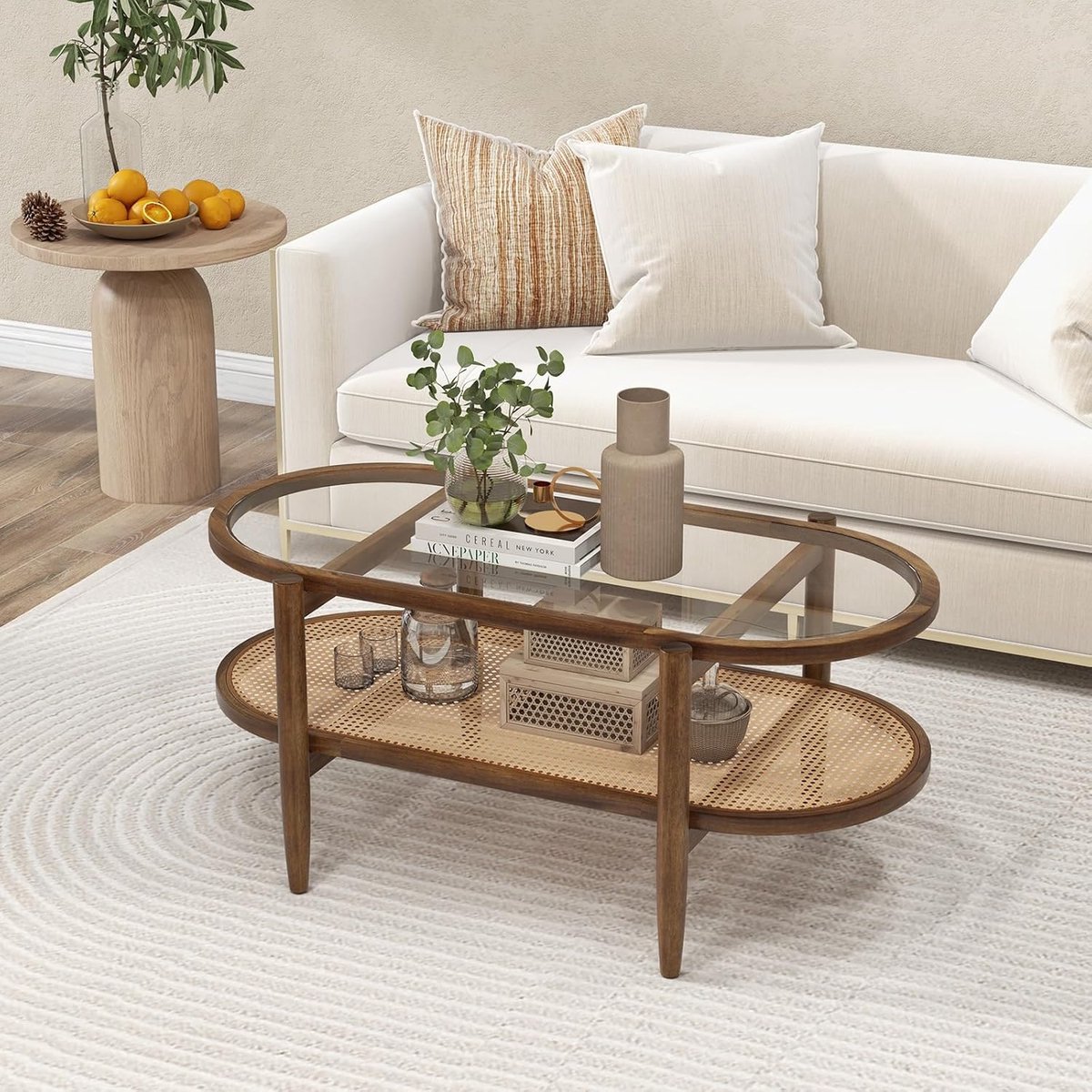 Salontafel ovaal 102x56x47 cm – eiken hout met glazen blad en rotan plank – moderne retro woonkamertafel met massief houten poten – Urbanhome