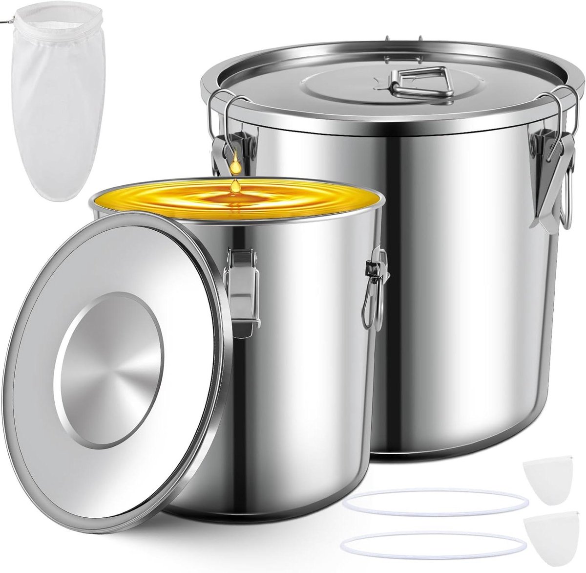 Friteuse Vet Bak - Olie Opslag - Olie Afvoeren - Lekvrij Deksel - 6 en 8 Gallon - Zilver