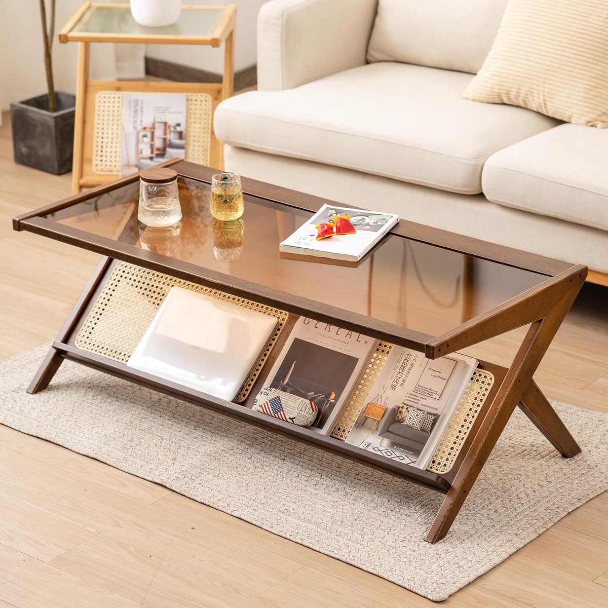 Salontafel rechthoekig 120x56x44 cm – glasplaat met donker walnoot hout – moderne woonkamertafel met opbergrek – design koffietafel – Urbanhome