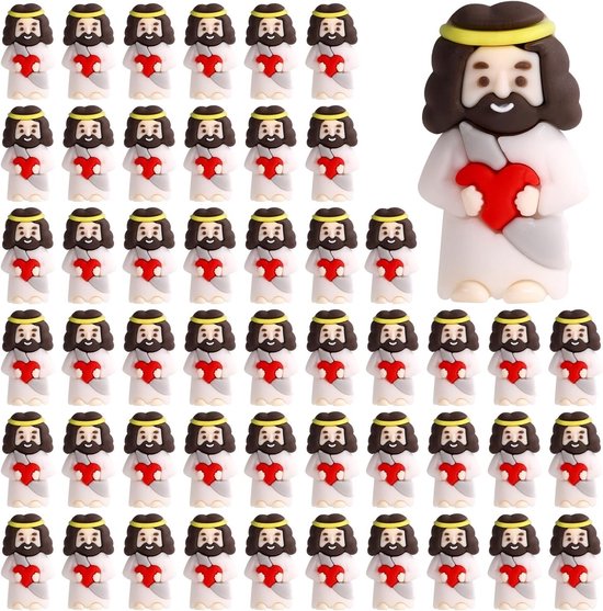 50 Stuks Kleine Jezus Beeldjes met Rode Hart, PVC Miniatuur Decoratie voor Pasen en Valentijnsdag, Perfect als Cadeau en Versiering