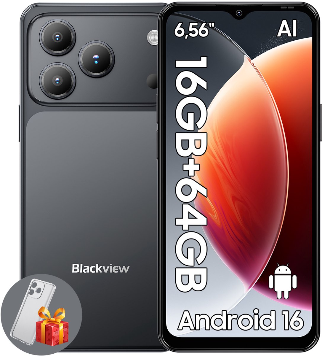 Blackview WAVE 7C Smartphone - 4G AI - DUAL SIM - 16GB RAM - 64GB ROM - Android 16 Telefoon - 6,56 inch - 5000mAh - GPS - Zwart