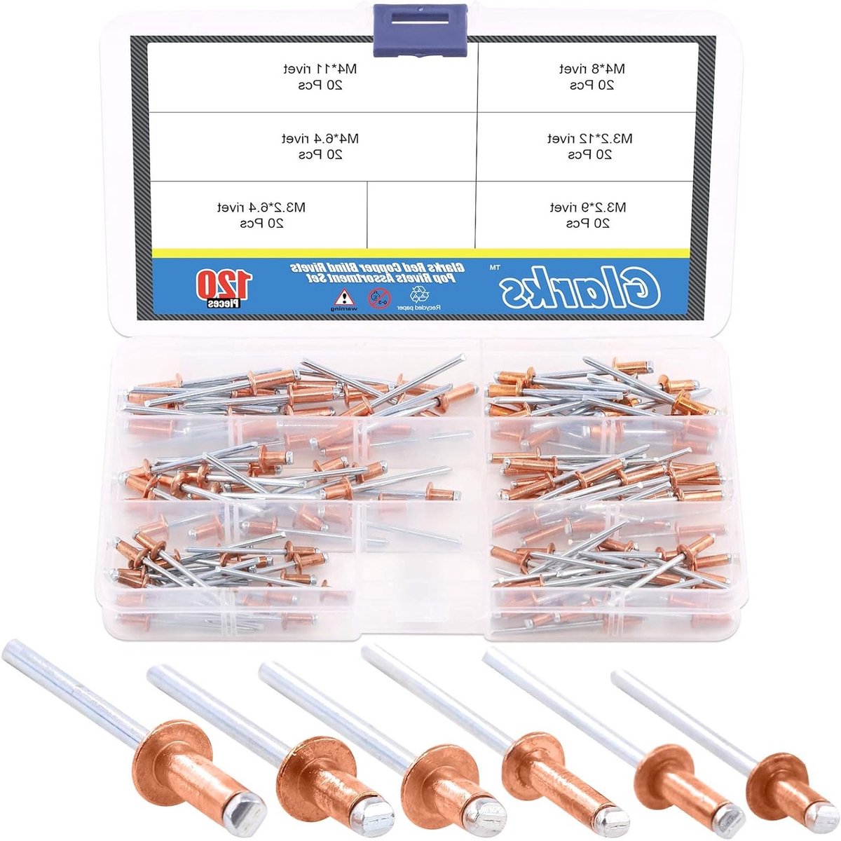 120 Stuks Rode Koperen Blindnagels Assortiment - 6 Maten voor Metaalbewerking, Auto's en Meubels