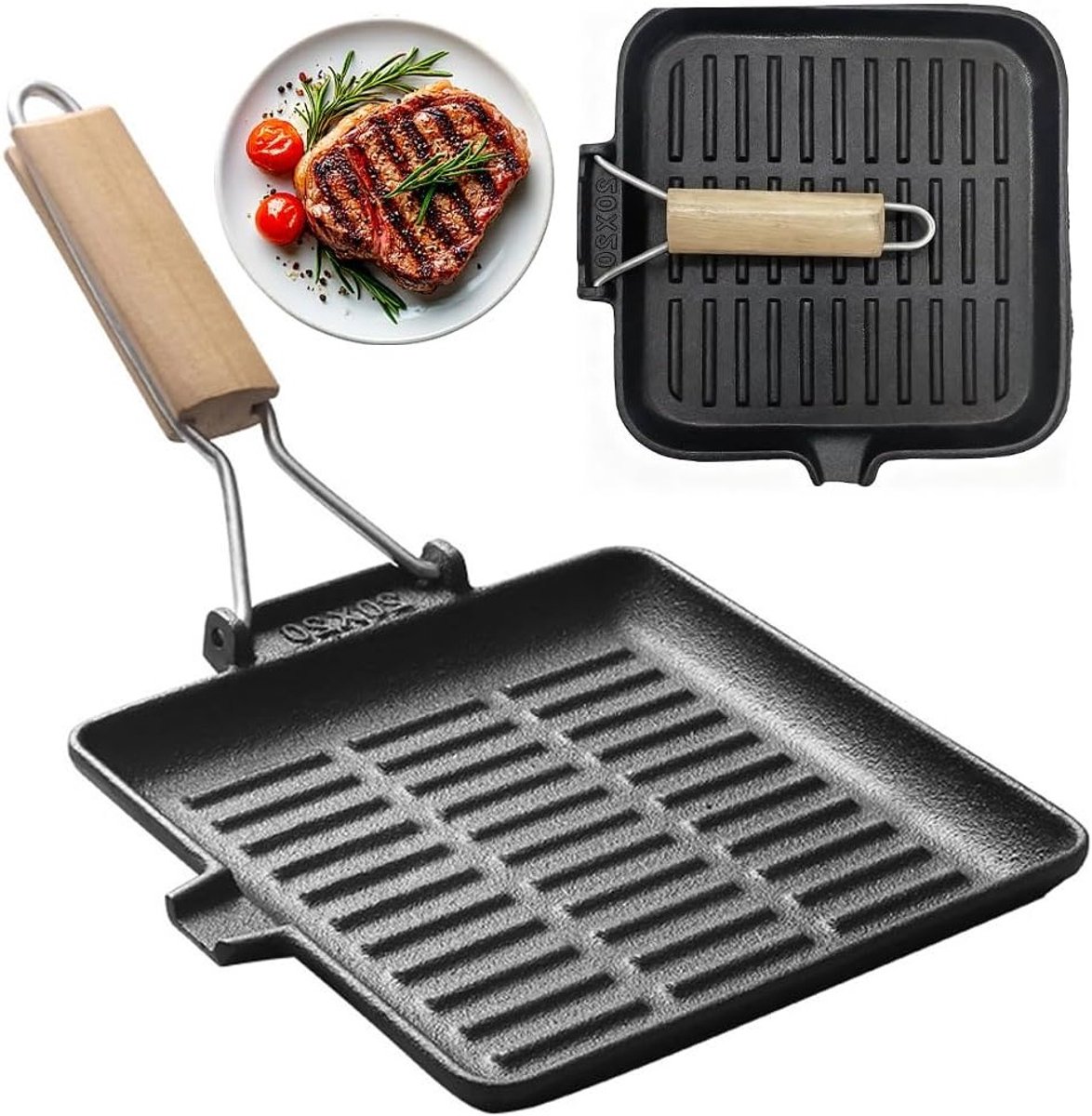Grillpan 20 x 20 cm met afneembare handvatten, gietijzeren steakpan met antiaanbaklaag, geschikt voor alle warmtebronnen, ideaal voor barbecue en grillen