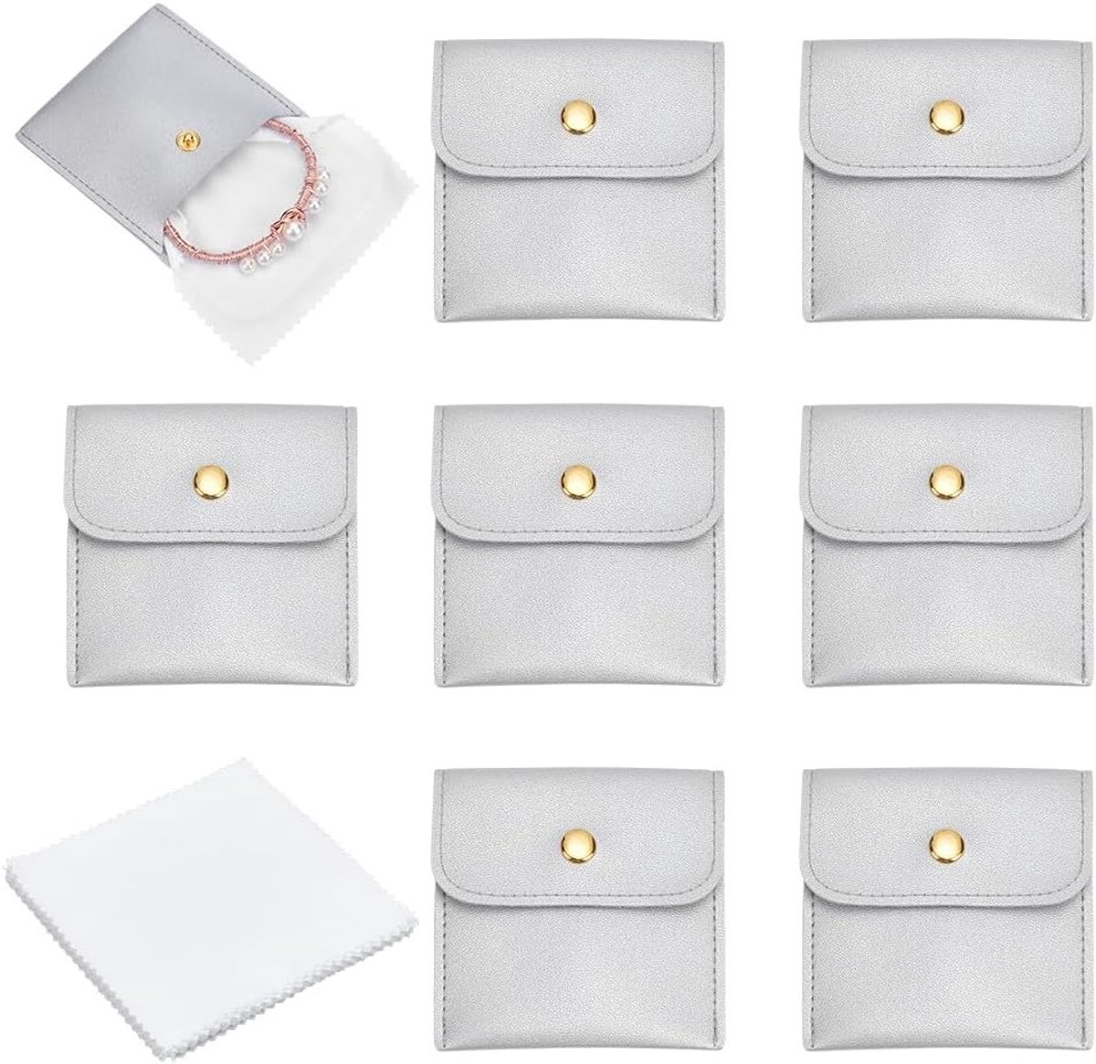 12 Mini Sieraden Pouches van PU Leer, 8 x 8 cm, Inclusief 12 Glazen Poetsdoeken voor Ringen, Kettingen en Armbanden, Grijs