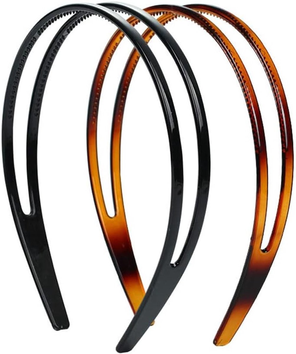 Dubbele Rijen Haarband van Hard Plastic met Tanden - Hoogwaardige Haaraccessoires voor Vrouwen - Set van 2, Zwart en Turtle Design