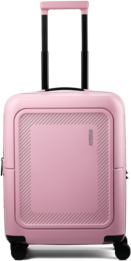 Roze American Tourister koffer met gestreept patroon op de voorkant, handvat en wielen.