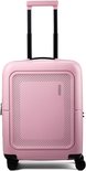 Roze American Tourister koffer met gestreept patroon op de voorkant, handvat en wielen.