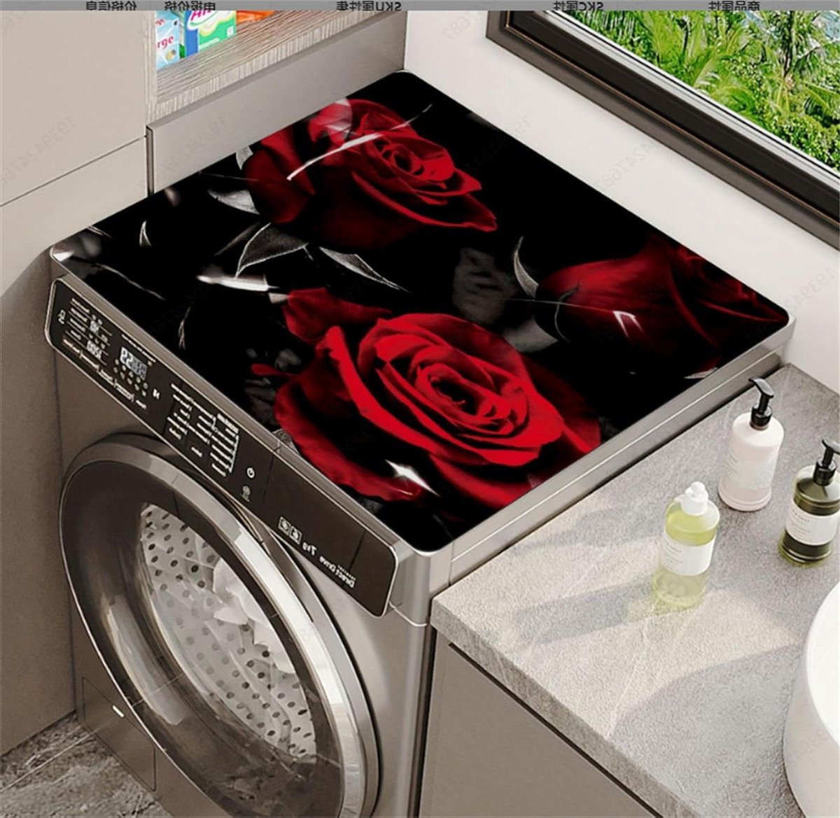 Wasmachine Droger Topmat - Apparaat Beschermer - Aanrecht Beschermen - Snel Absorberend Sneldrogend - 50 x 50 cm - Rood Bloem