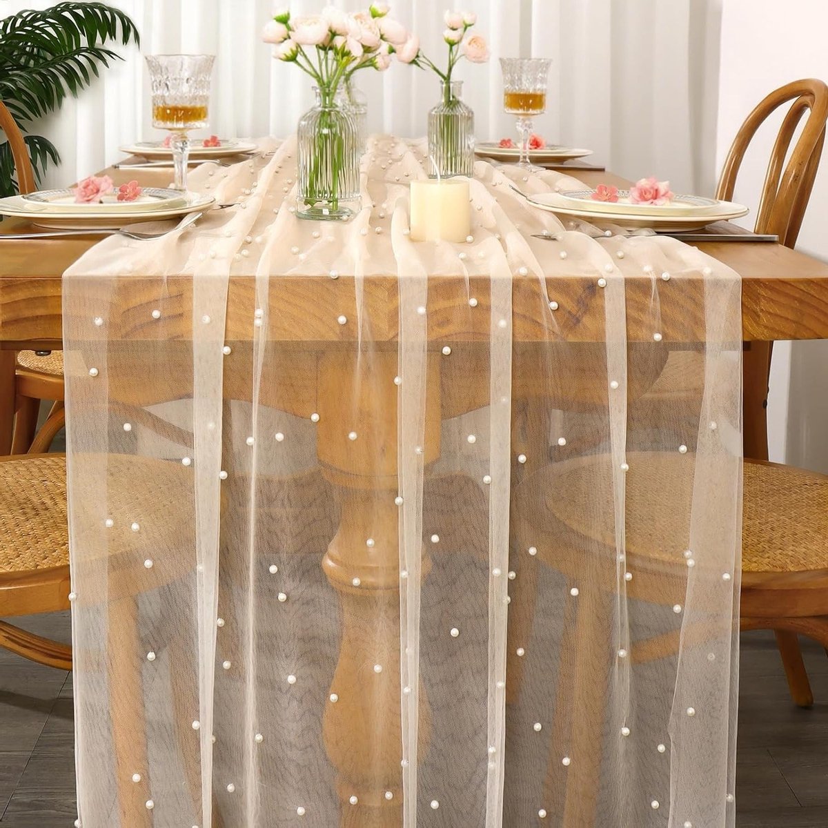 Elegante Beige Tafelloper 75x300cm voor Bruiloft, Verjaardagsfeest en Tafelversiering met Parels en Tule