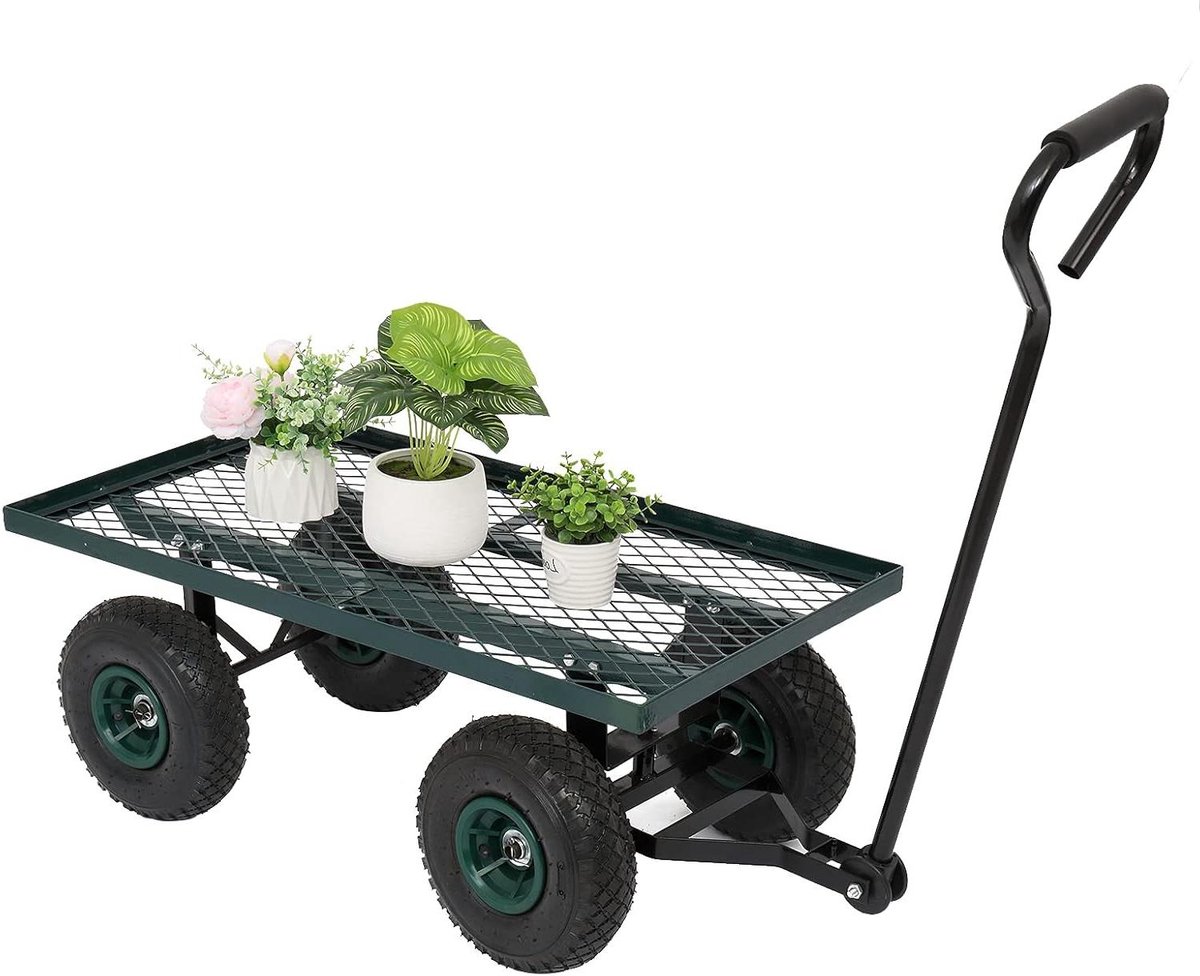 Metalen Dek Tuinwagen - Draagbare Kar - Tuinieren en Lading Vervoeren - Luchtbanden met Schokabsorptie - 86 x 45 cm