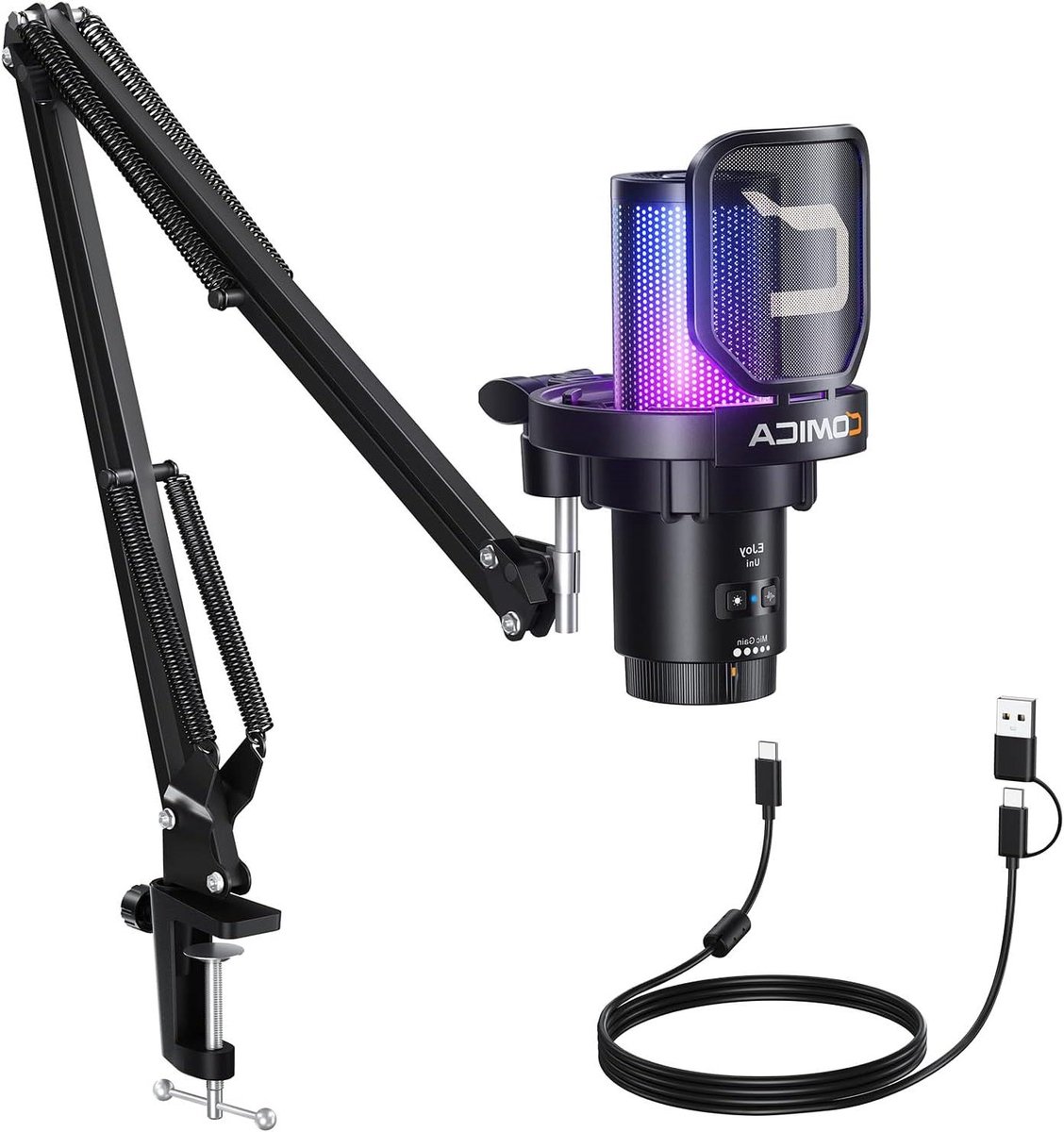 USB Gaming Microfoon - Streaming Microfoon Podcast - Live Streamen Chatten - Ruisonderdrukking RGB Licht - 48kHz 24bit - Zwart