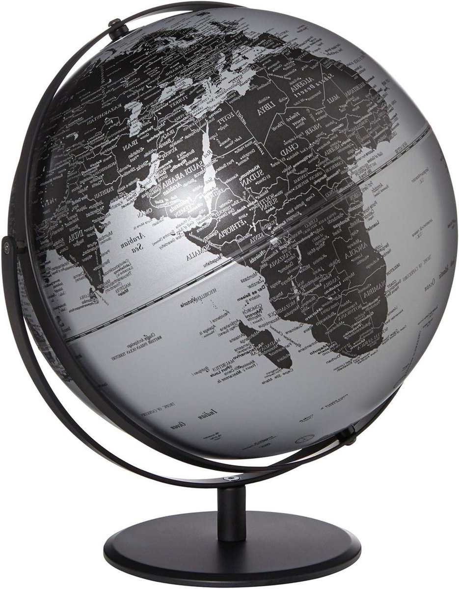 Wereldbol Juri Serie - Aardbol Tafelmodel - Kantoor Decoratie - Twee Assen Draaibaar - 30 cm Diameter - Mat Zilver