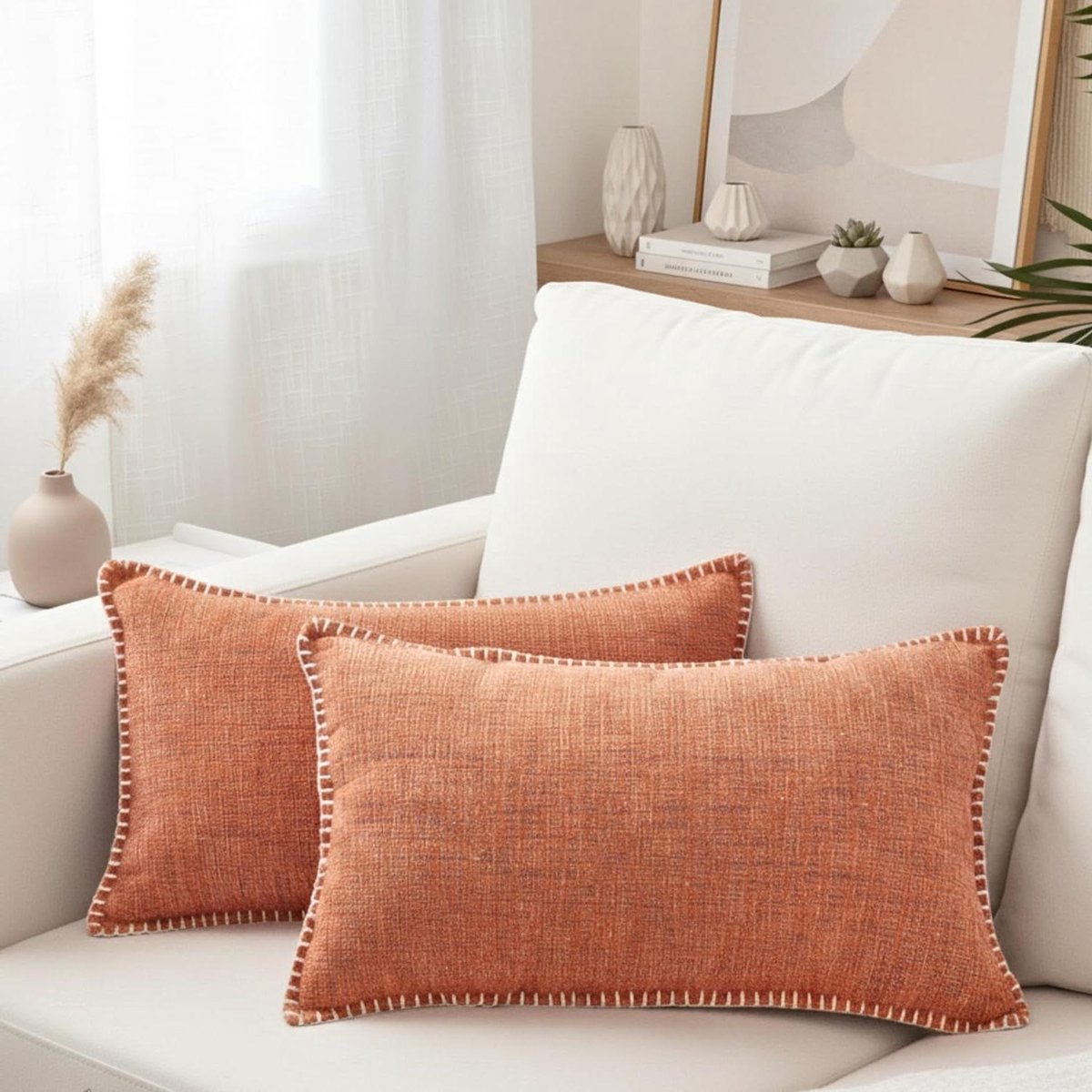 Kussenslopen Set - Decoratieve Hoezen - Woonkamer Aankleden - Gestikte Rand Design - 30 x 50 cm - Oranje