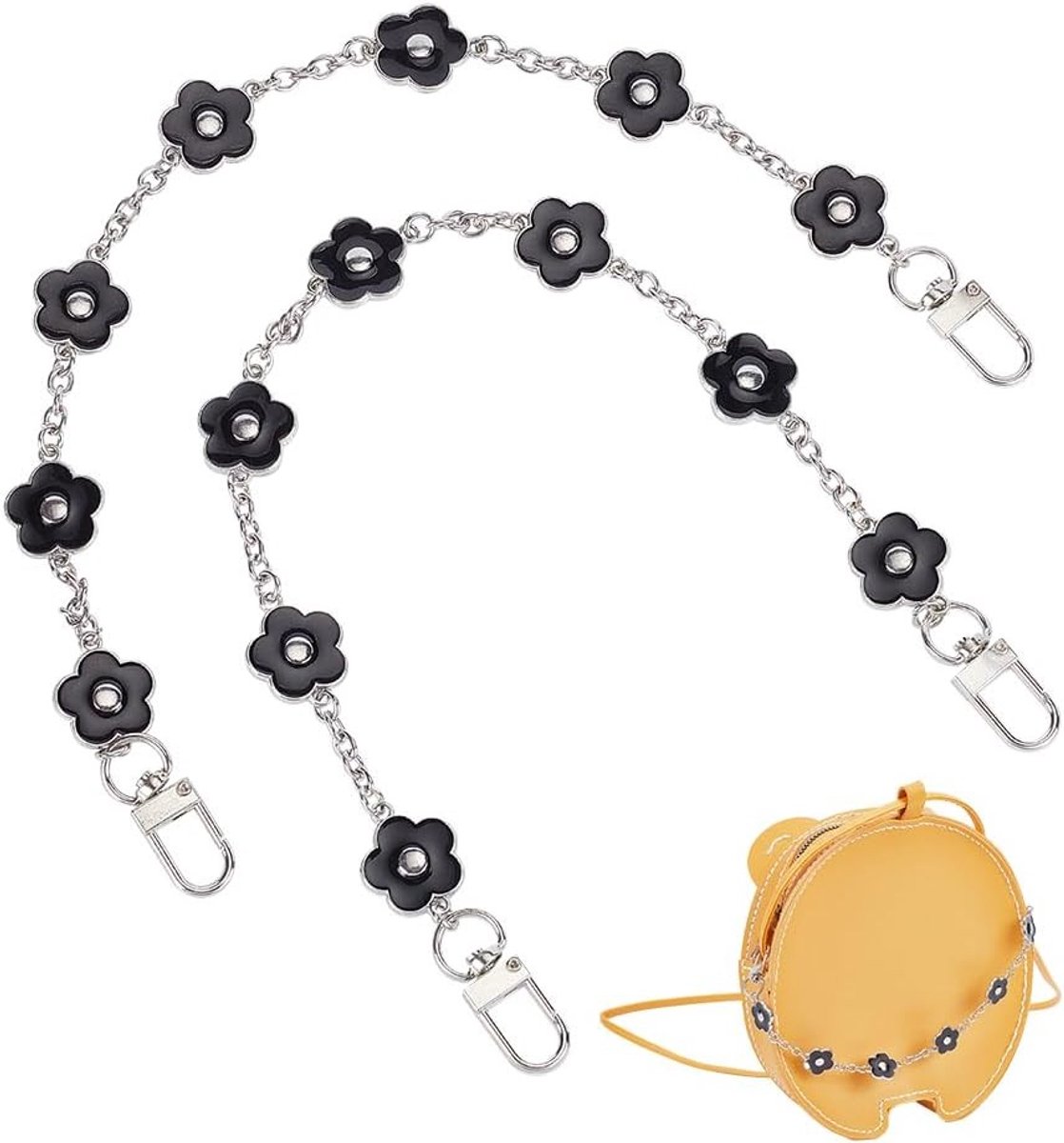 Decoratieve Tasband met Zwarte Emaille Bloem, 2 Stuks 14 Inch, Zilveren Legering, Ideaal voor Dames Handtassen en Schoudertassen