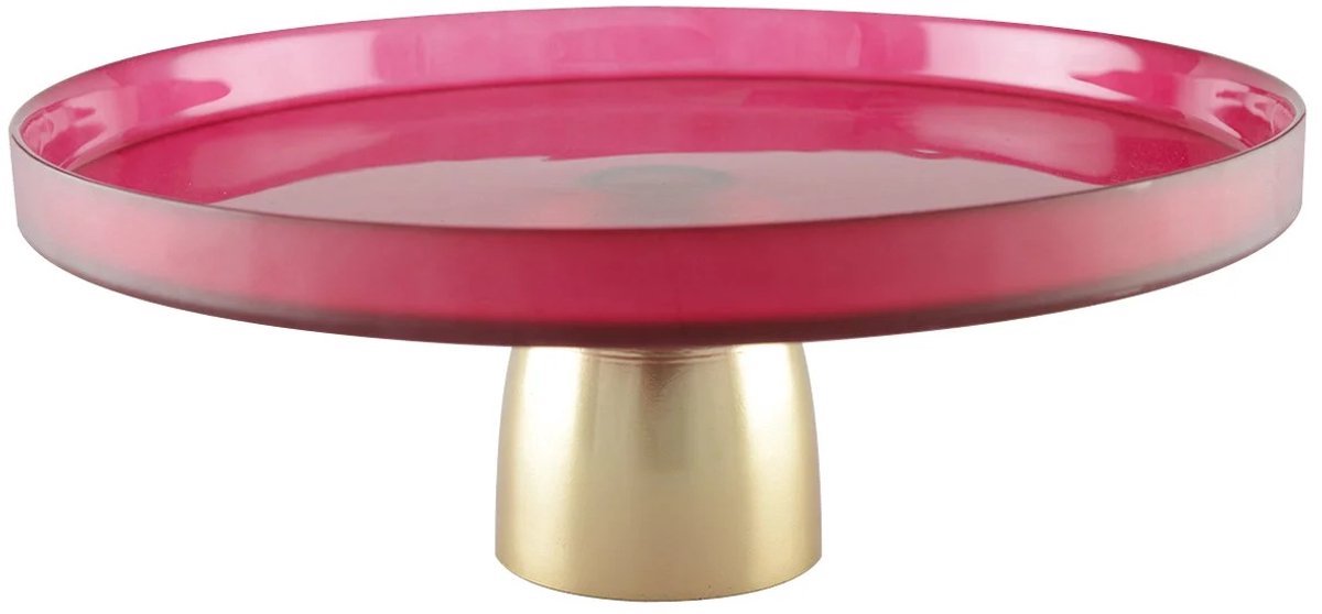 AULICA - Framboosrode Taartplateau op gouden voet – Glas - dia 21 cm - 21x21x10cm