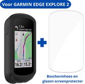 ONF Beschermhoes met glazen screenprotector geschikt voor Garmin Edge Explore 2 - Siliconen case met tempered glass protector - fietsnavigatie - 2-in-1 set - Zwart
