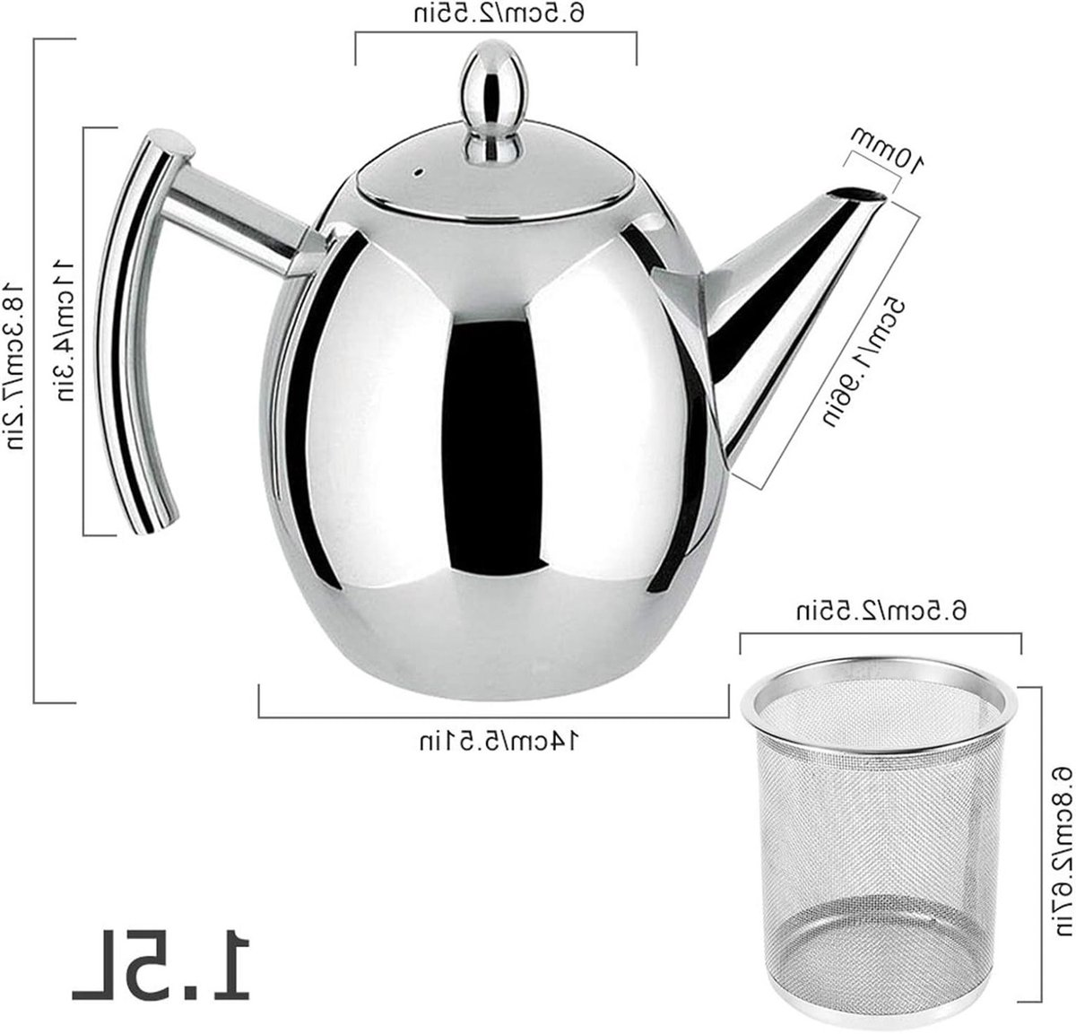 Stijlvolle roestvrijstalen theepot met zeef, ideaal voor losse thee en theezakjes, 1L/1.5L capaciteit