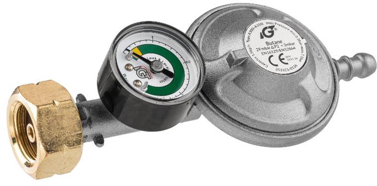 Grillmeister - Gasdrukregelaar met manometer - gasfles aansluiting - EN 16436-2 voor butaan en propaan - 7,5 Bar