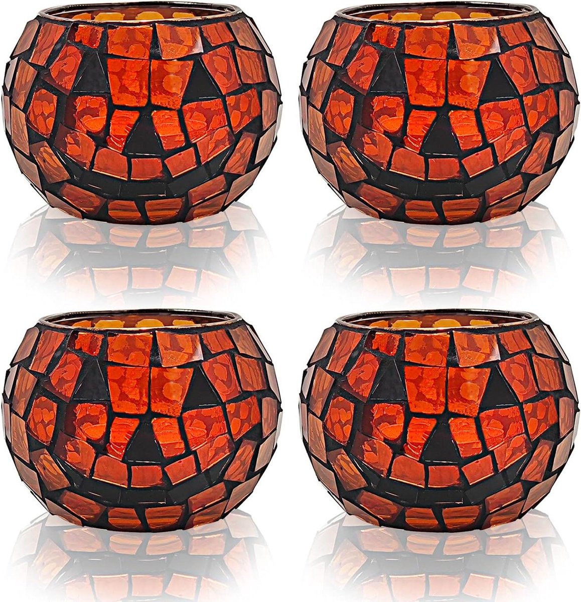 Pompoen Kaarsenhouder Set - Theelichthouders Votief - Halloween Decoratie - Handgemaakt Mozaïek Glas - Set van 4 - Oranje Zwart