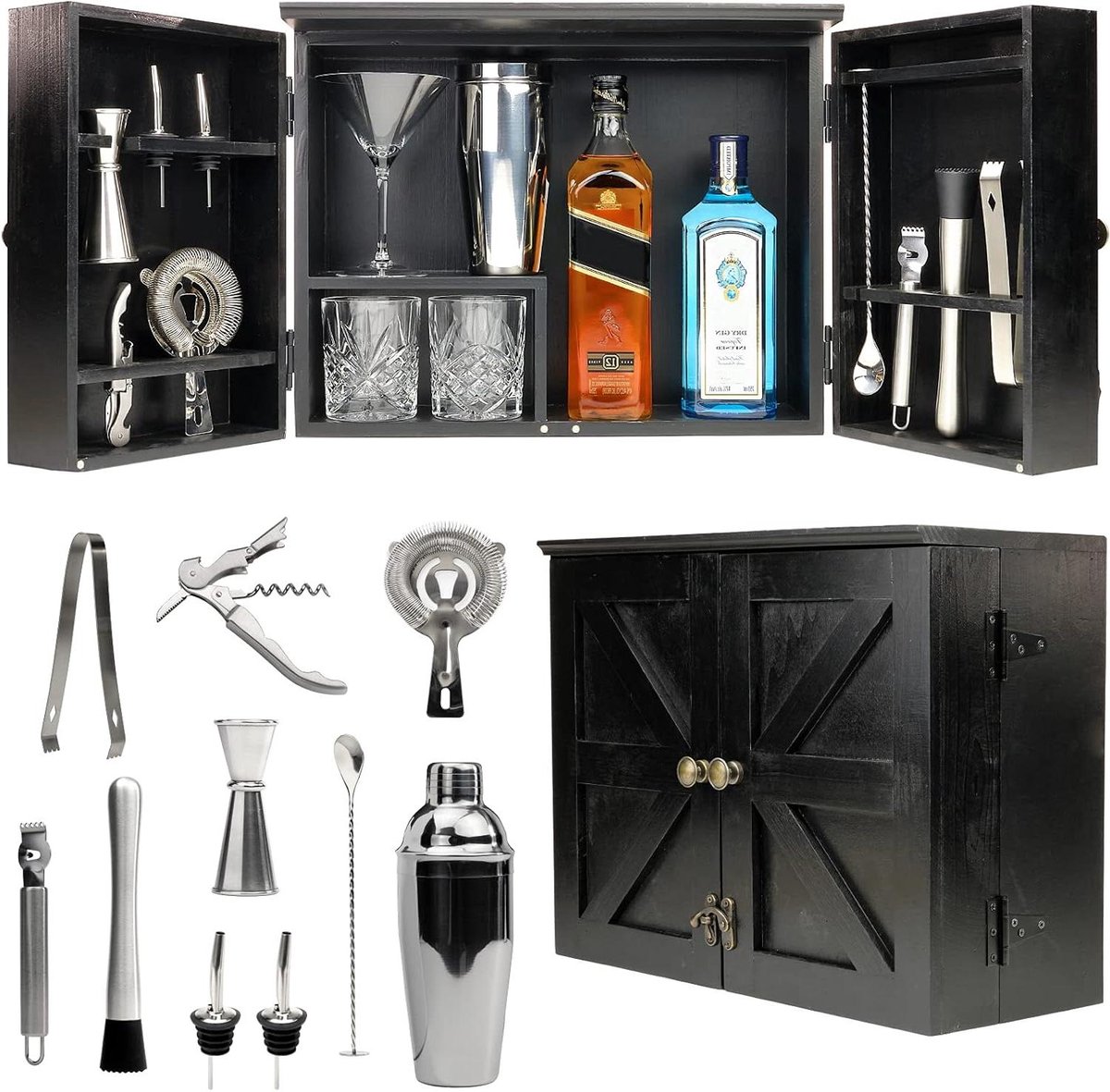 Bar Kast met Set - Barbenodigdheden Kast - Thuis Bar Inrichten - 12 Delige Bartending Kit