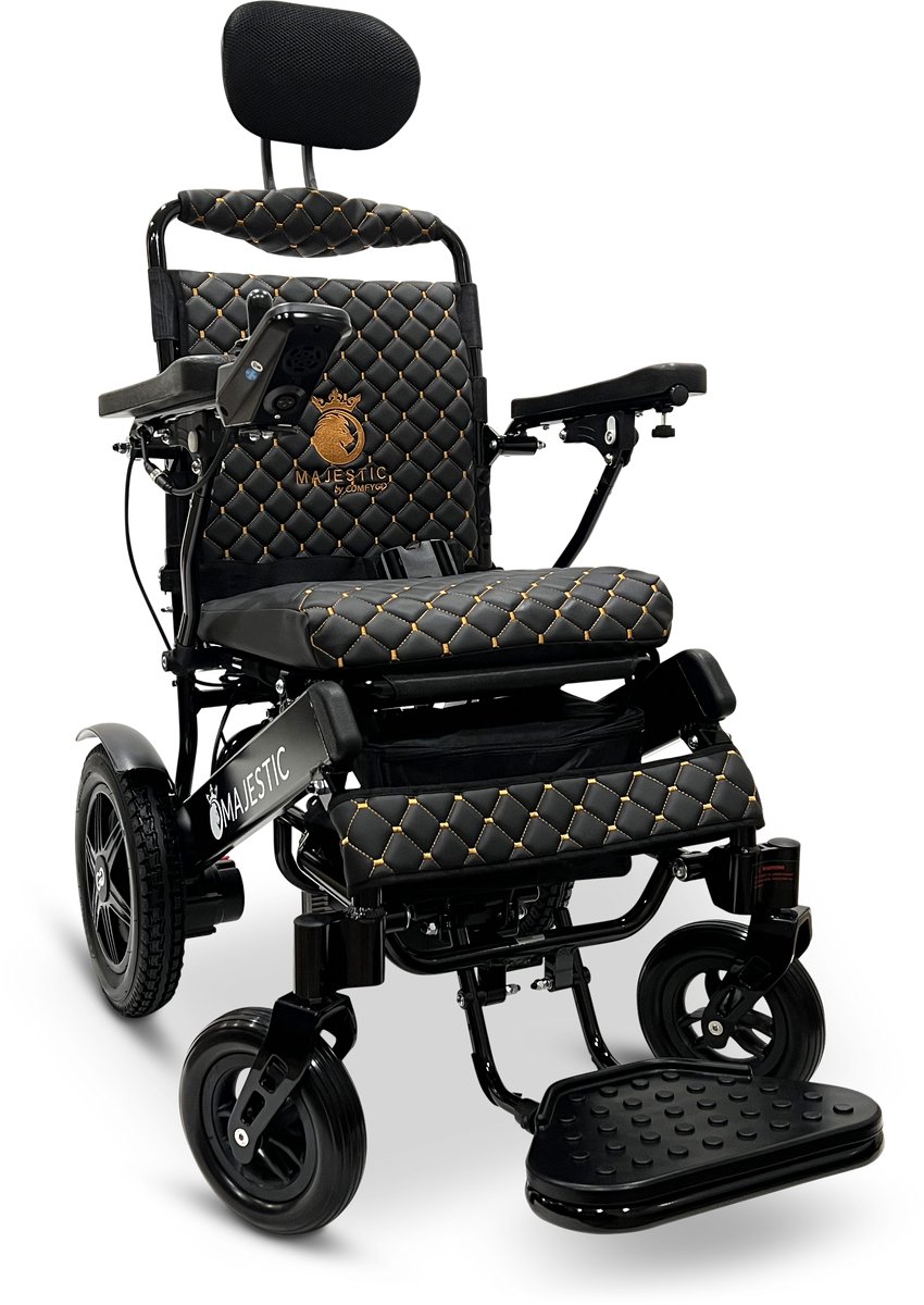 COMFYGO IQ-9000 AR Elektrische rolstoel, lichtgewicht, draadloze afstandsbediening, tot 30km, handmatig inklapbaar met Automatisch achterover leunen, Zwart frame & Zwart leer textiel, Zitbreedte 45cm